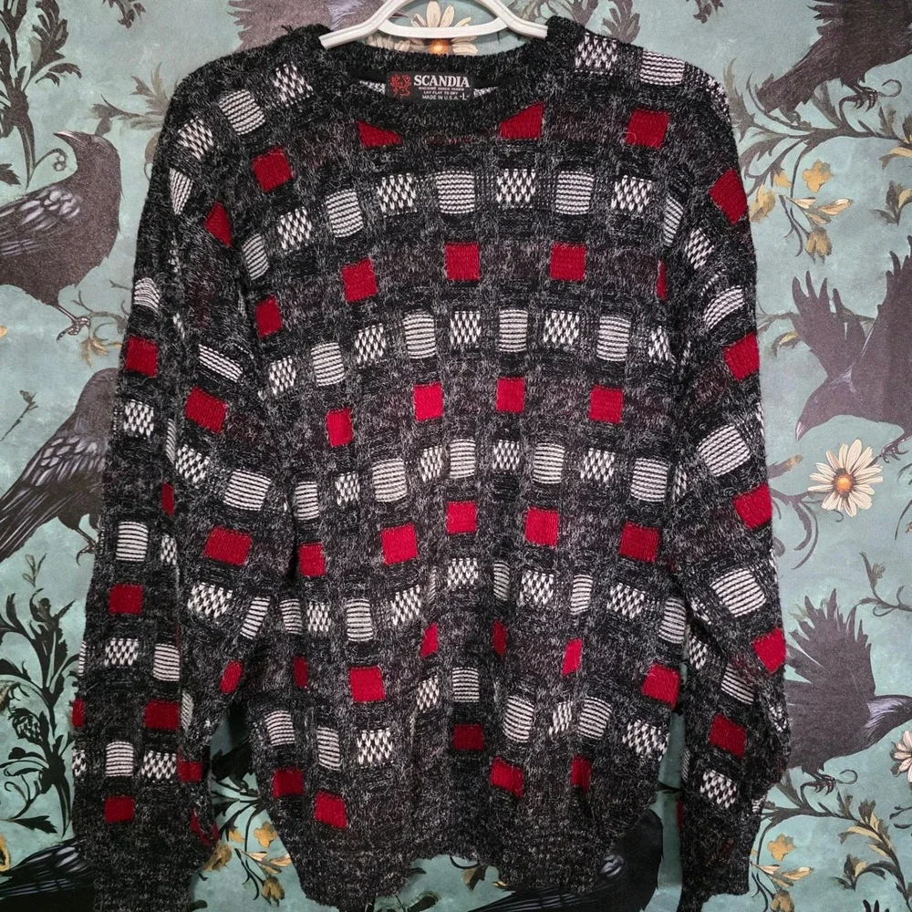 Scandia Vintage 90s Sweater Geometric Grid Red Black Fuzzy Knit Pullover USA L
